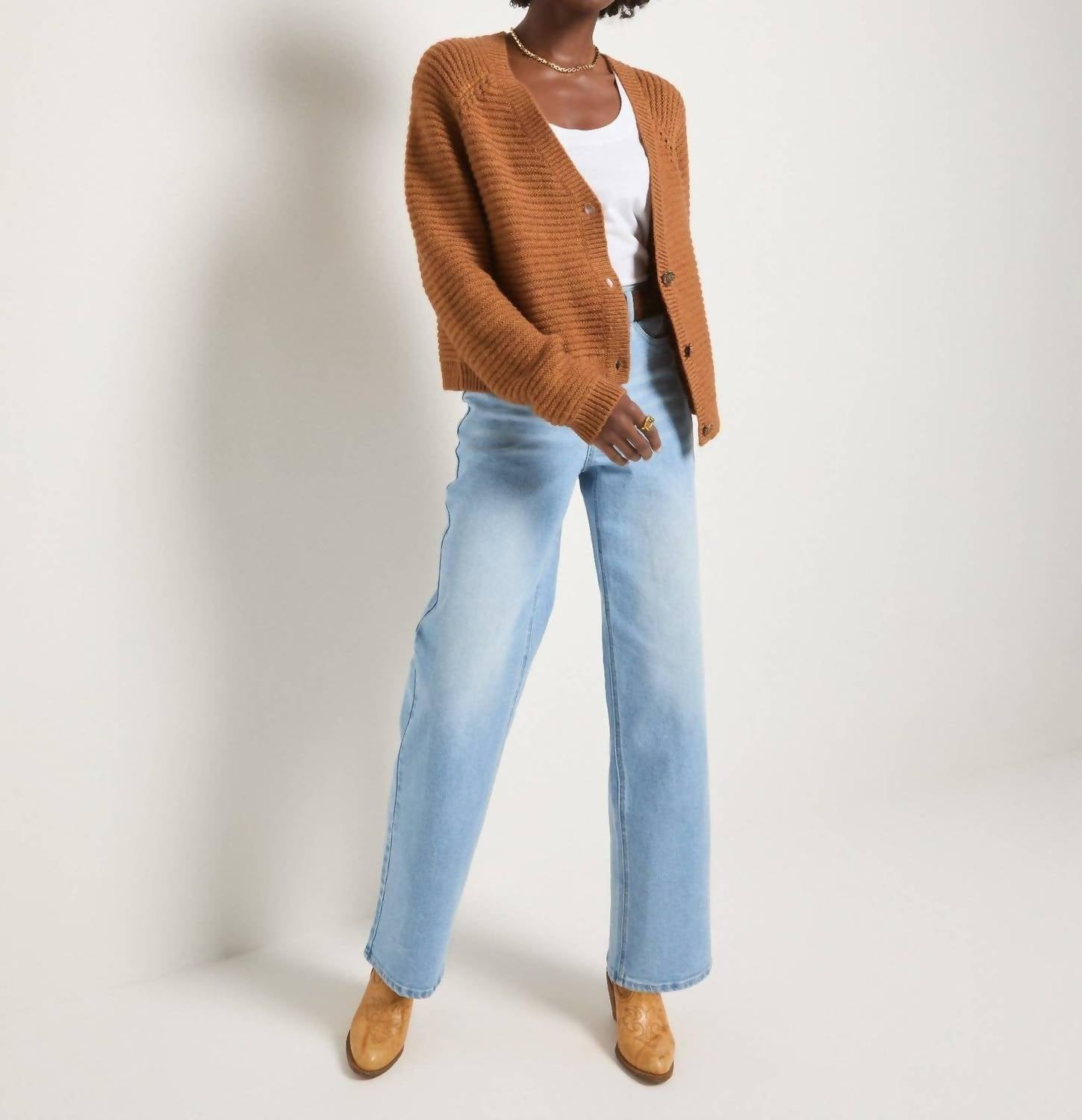 Seventy Eight and Sunny Meadow V-neck Cardigan in sea grass - women's cardigan - detail view