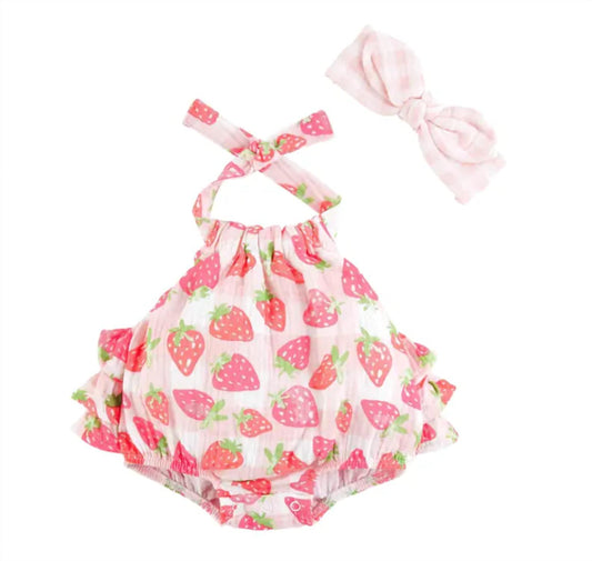 Mudpie - Girl's Strawberry Sunsuit and Headband Set