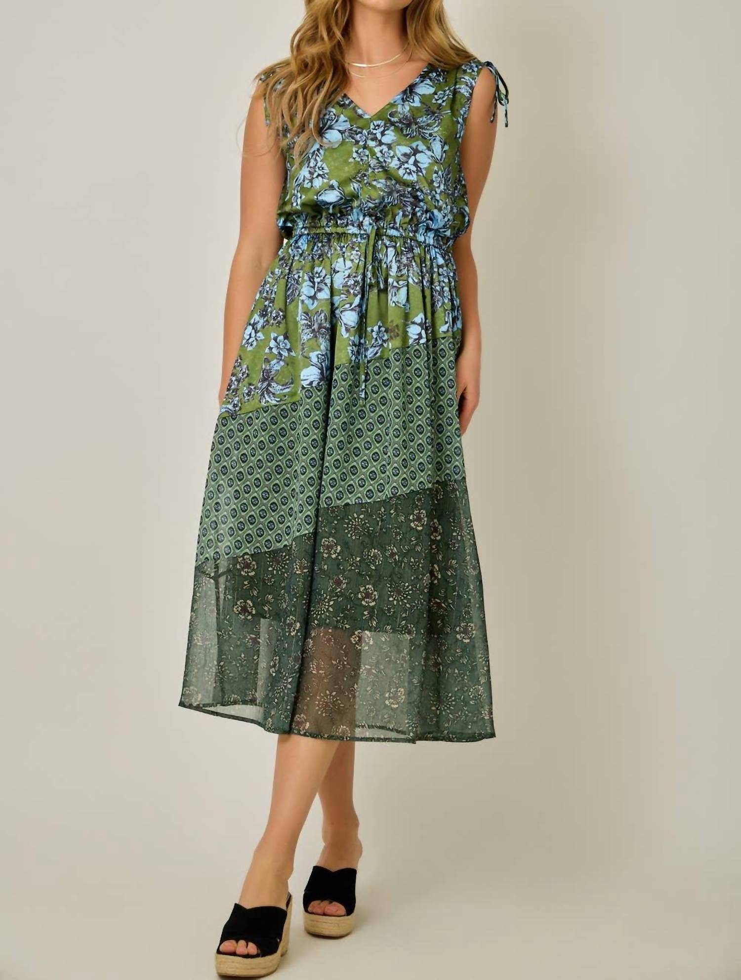 mystree Shoulder Tie Mixed Print Dress in deep emerald - women's dress - view 5