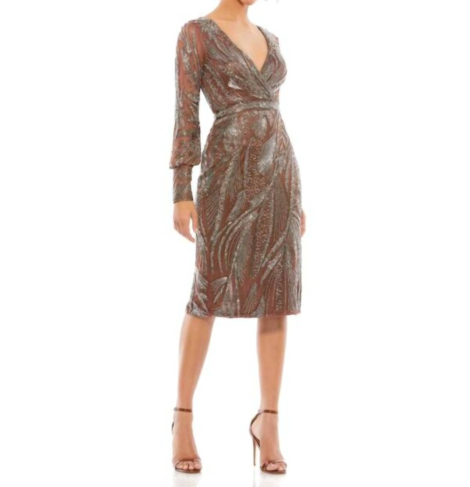 MAC DUGGAL Cuffed Sleeves Embellished Dress in mocha - women's dress