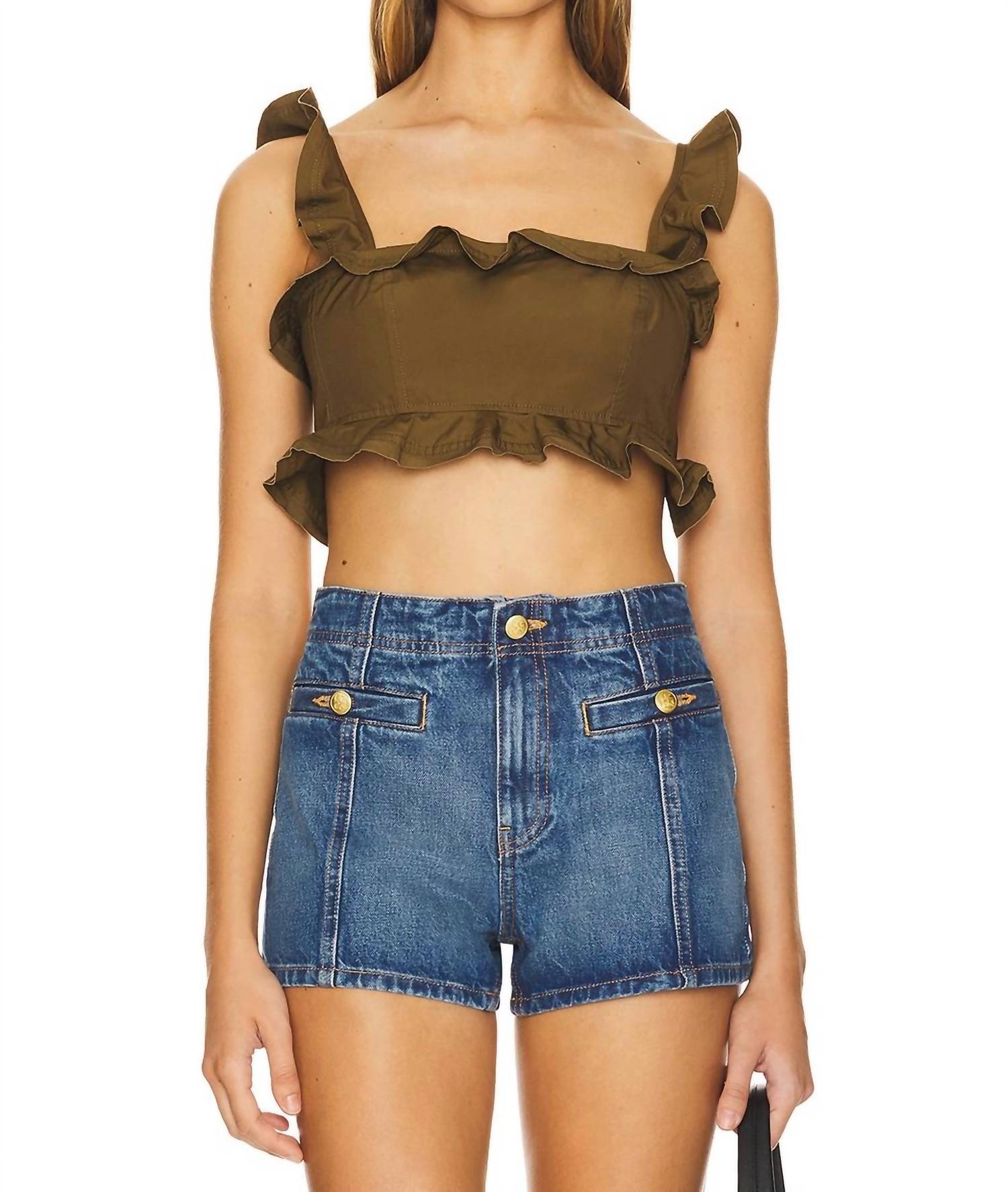 Ulla Johnson Belle Cropped Ruffle Top in militaire - women's shirt