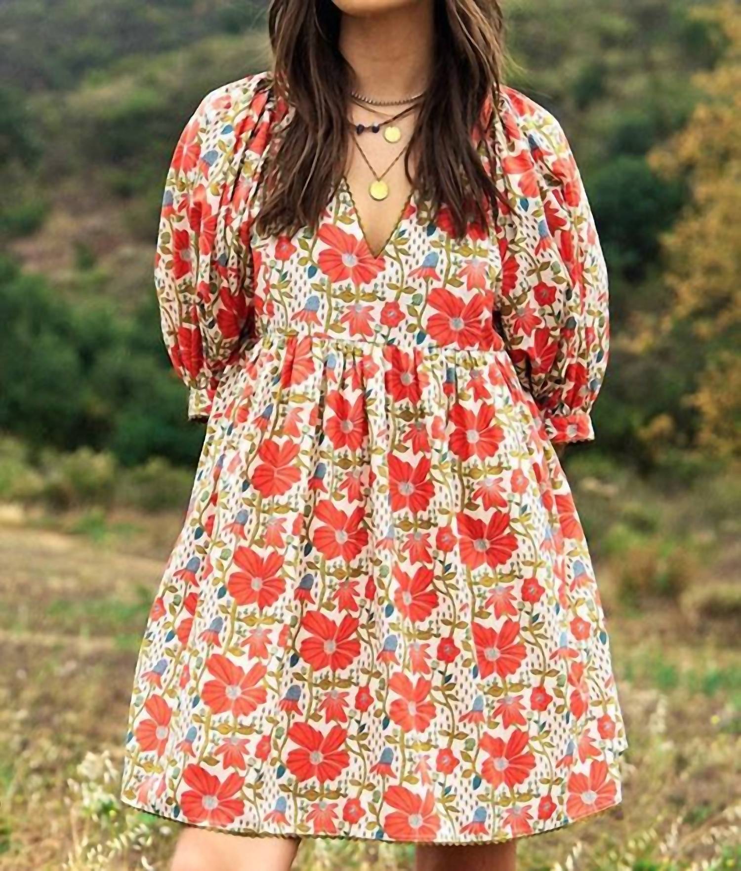 GiGiO Babydoll Blossom Floral Puff Sleeve Dress in coral cream - women's dress - view 6