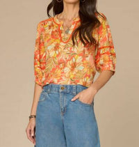 Democracy Blouson Sleeve Mandarin Collar Half Placket Printed Knit Top in deep coral floral multi - women's blouse