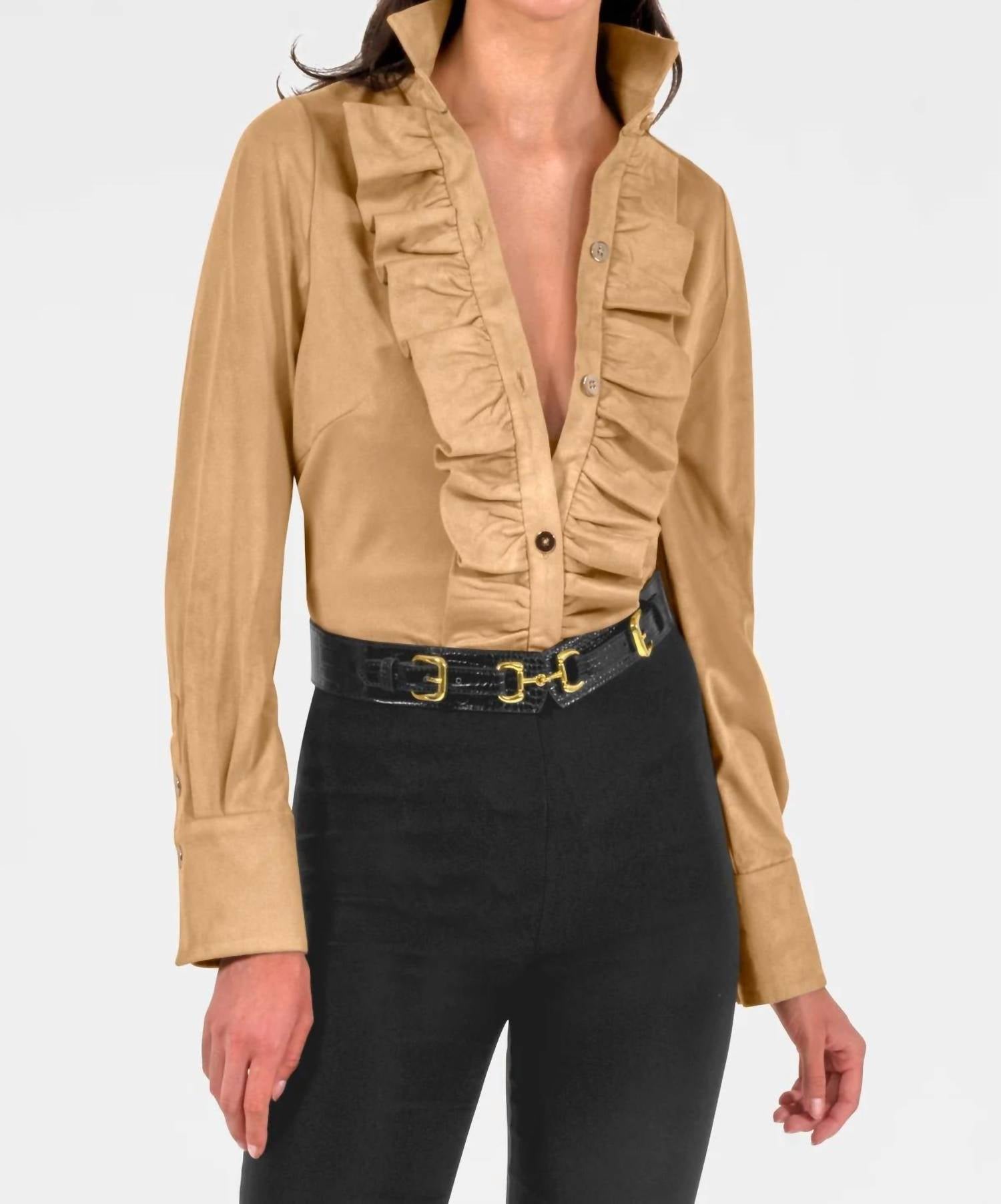 GRETCHEN SCOTT Ruffle Rumble Blouse in ultra suede khaki - women's blouse