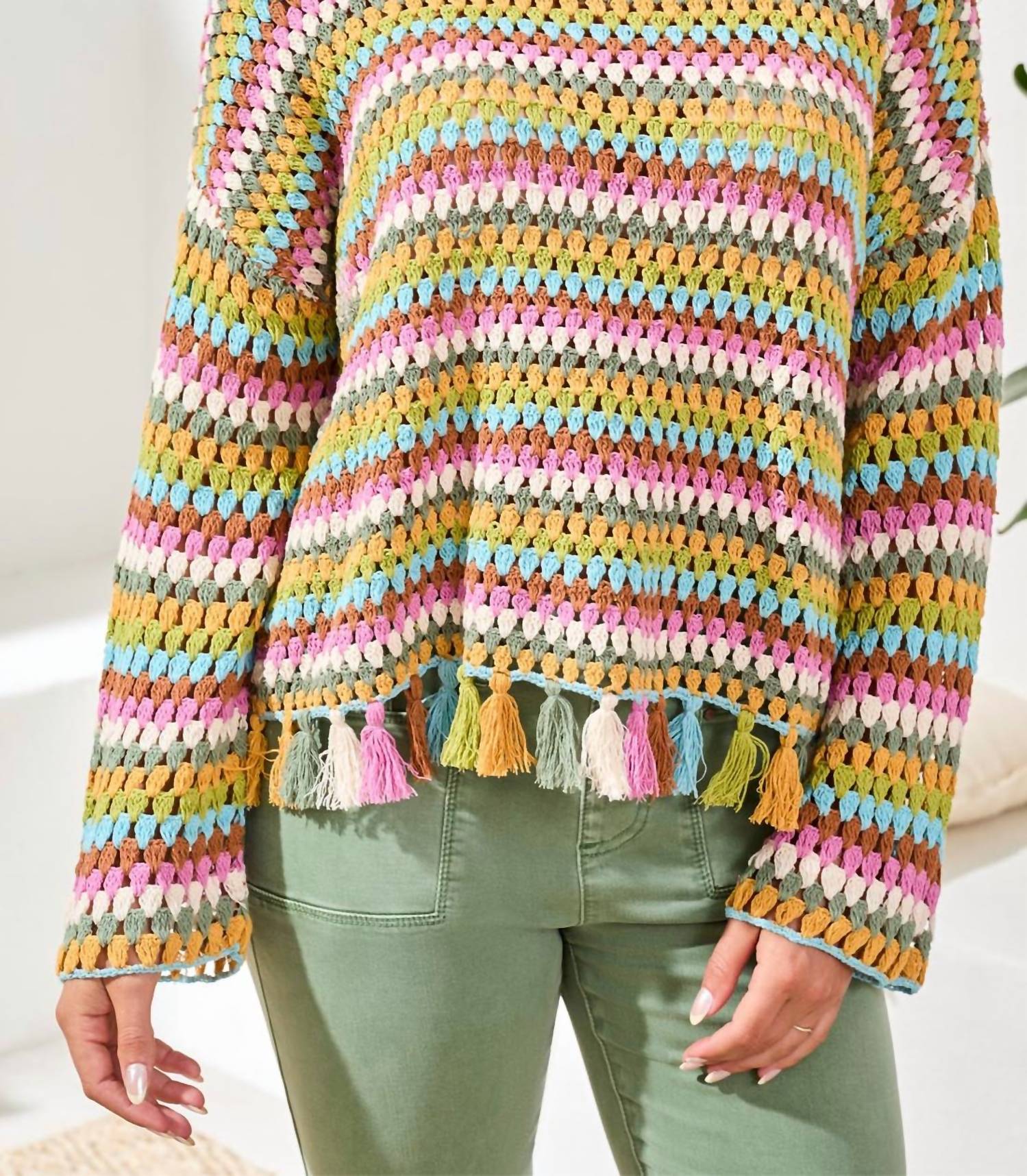 Tribal - Crochet Bell Sleeve Sweater With Tassels