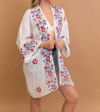 LETO Floral Embroidered Anemone Kimono in white - women's cardigan
