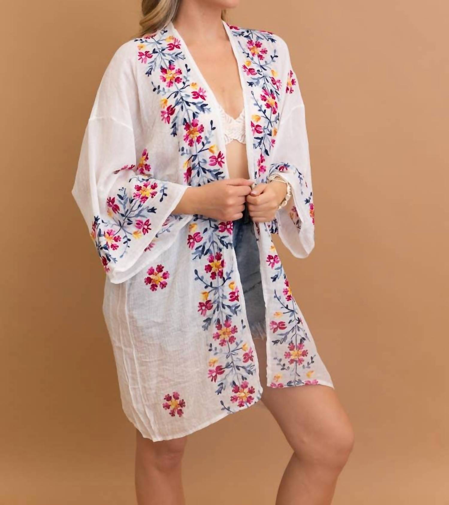 LETO Floral Embroidered Anemone Kimono in white - women's cardigan