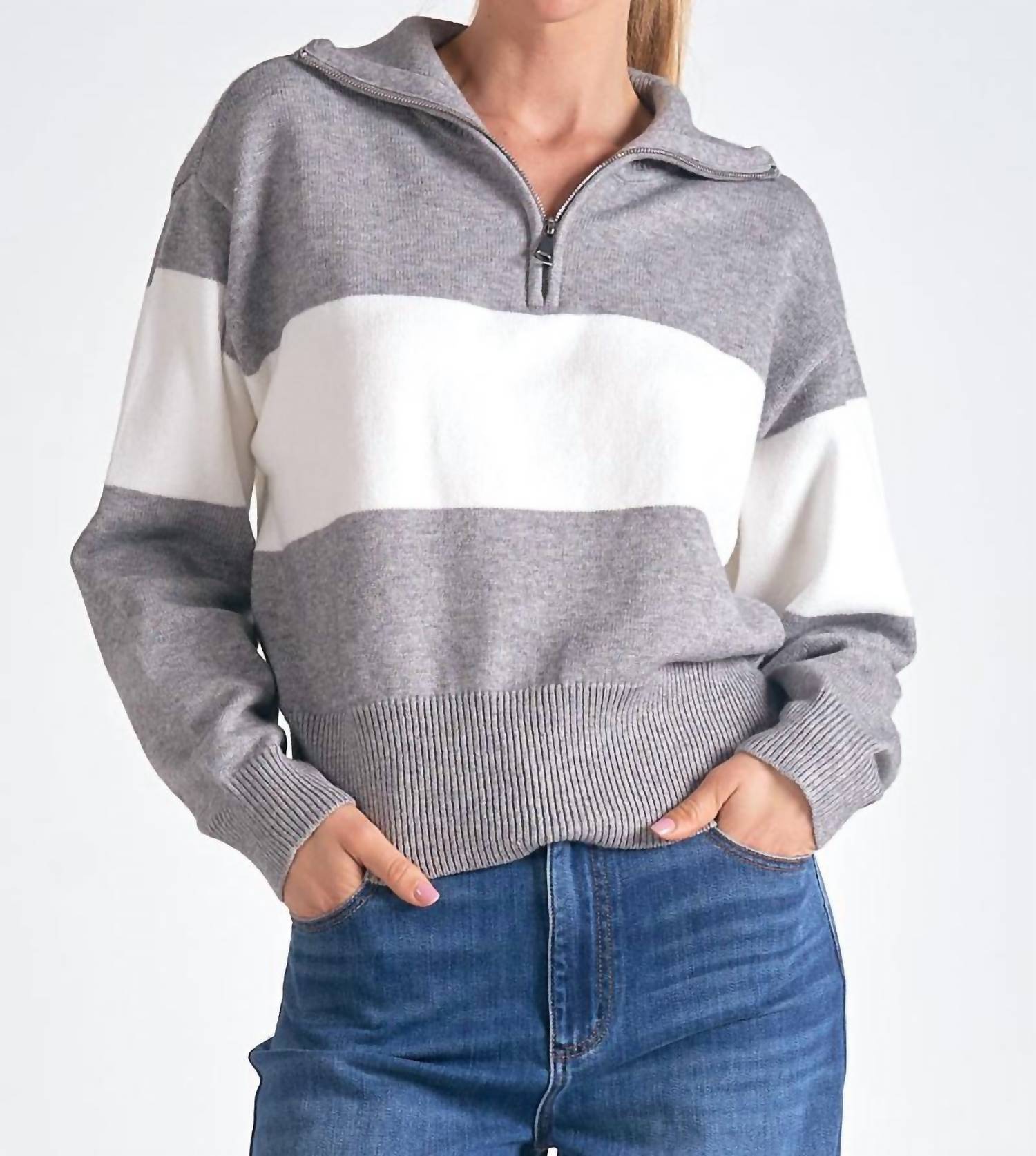 Elan - Half Zip Striped Sweater Top