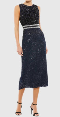 Mac Duggal - Sleeveless High Neck Beaded Midi Sheath Dress