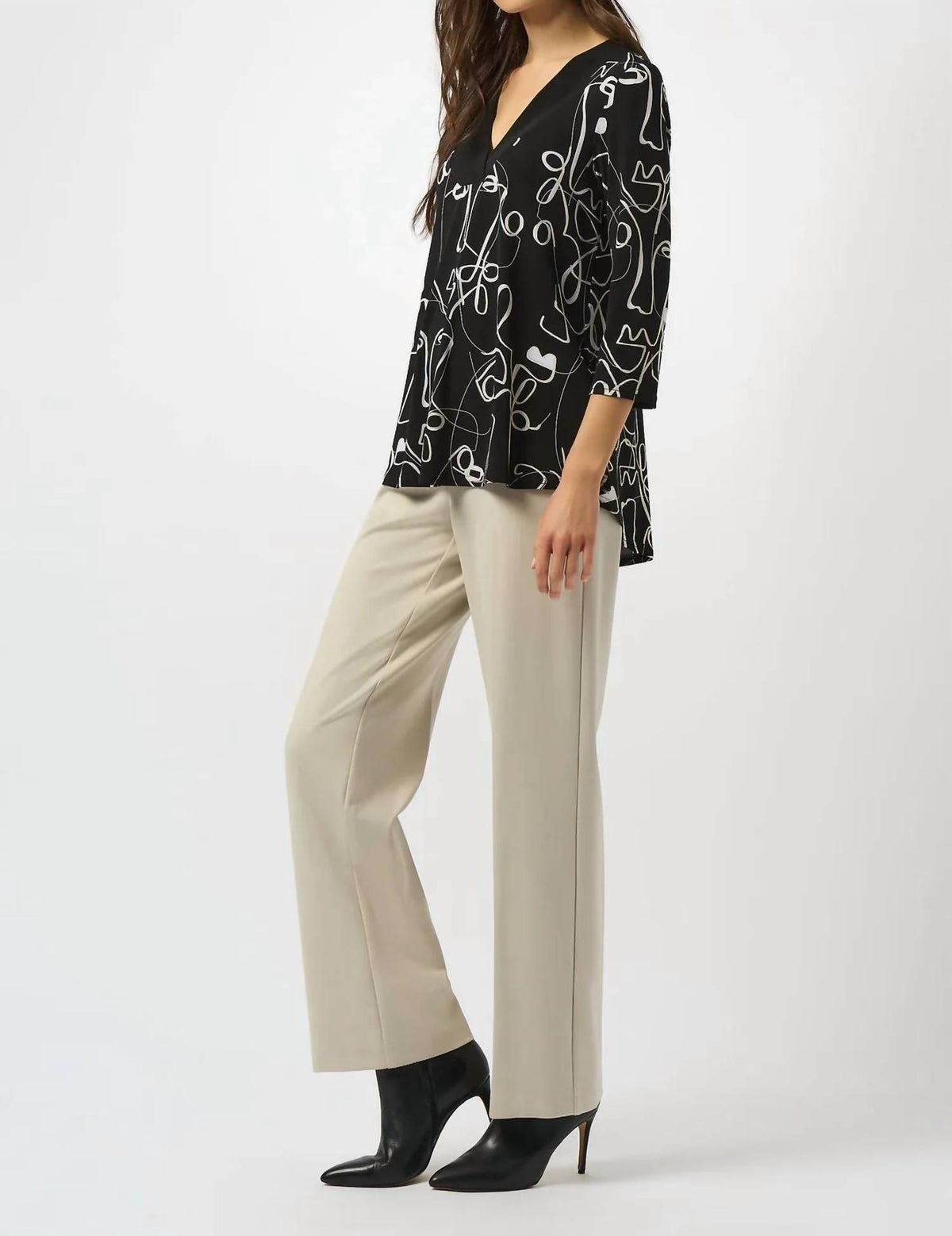 Joseph Ribkoff - Face Print V-neck 3/4 Sleeves Asymmetric Top