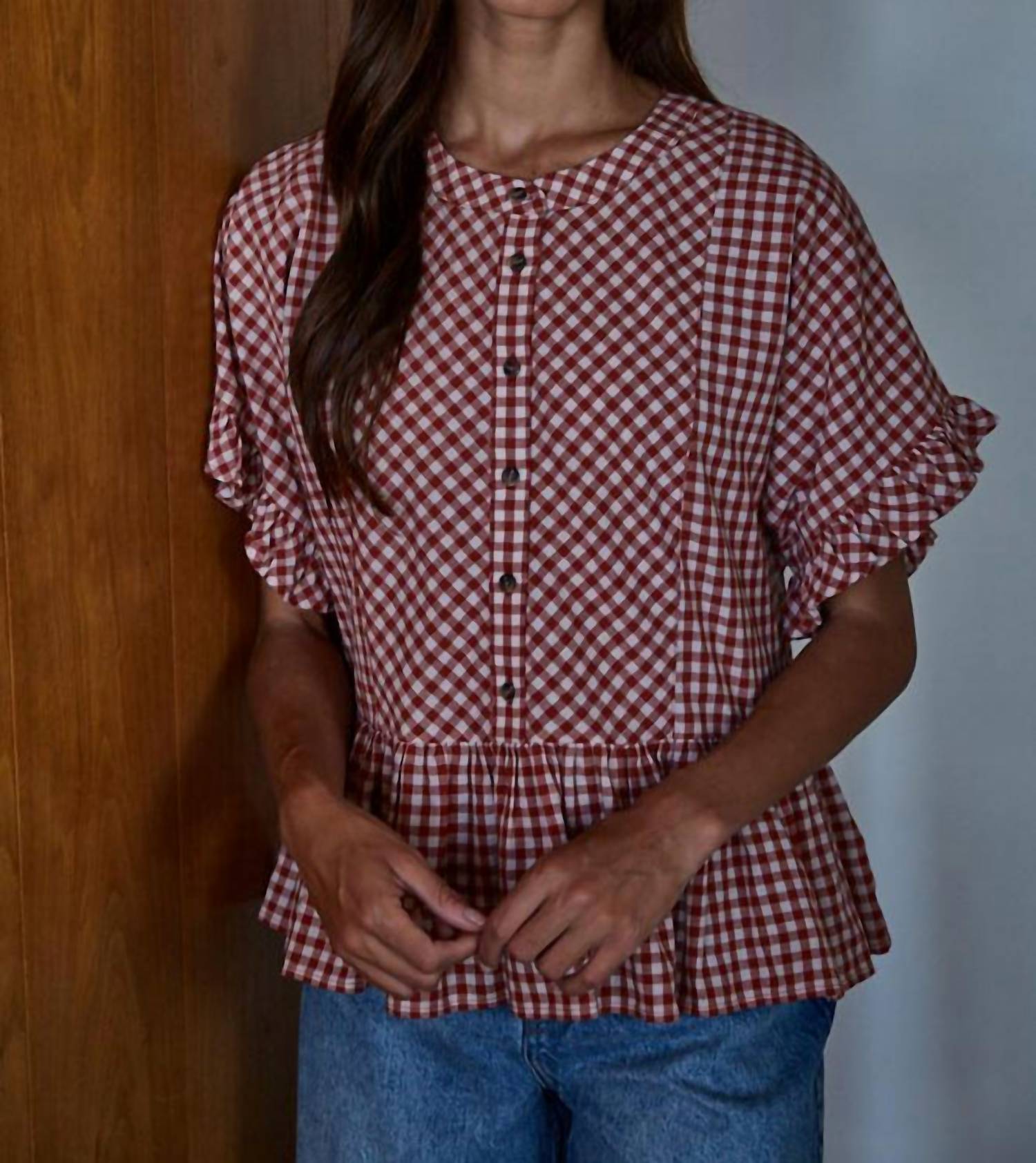 By Together Sayler Ruffle Top in red ivory gingham - women's blouse