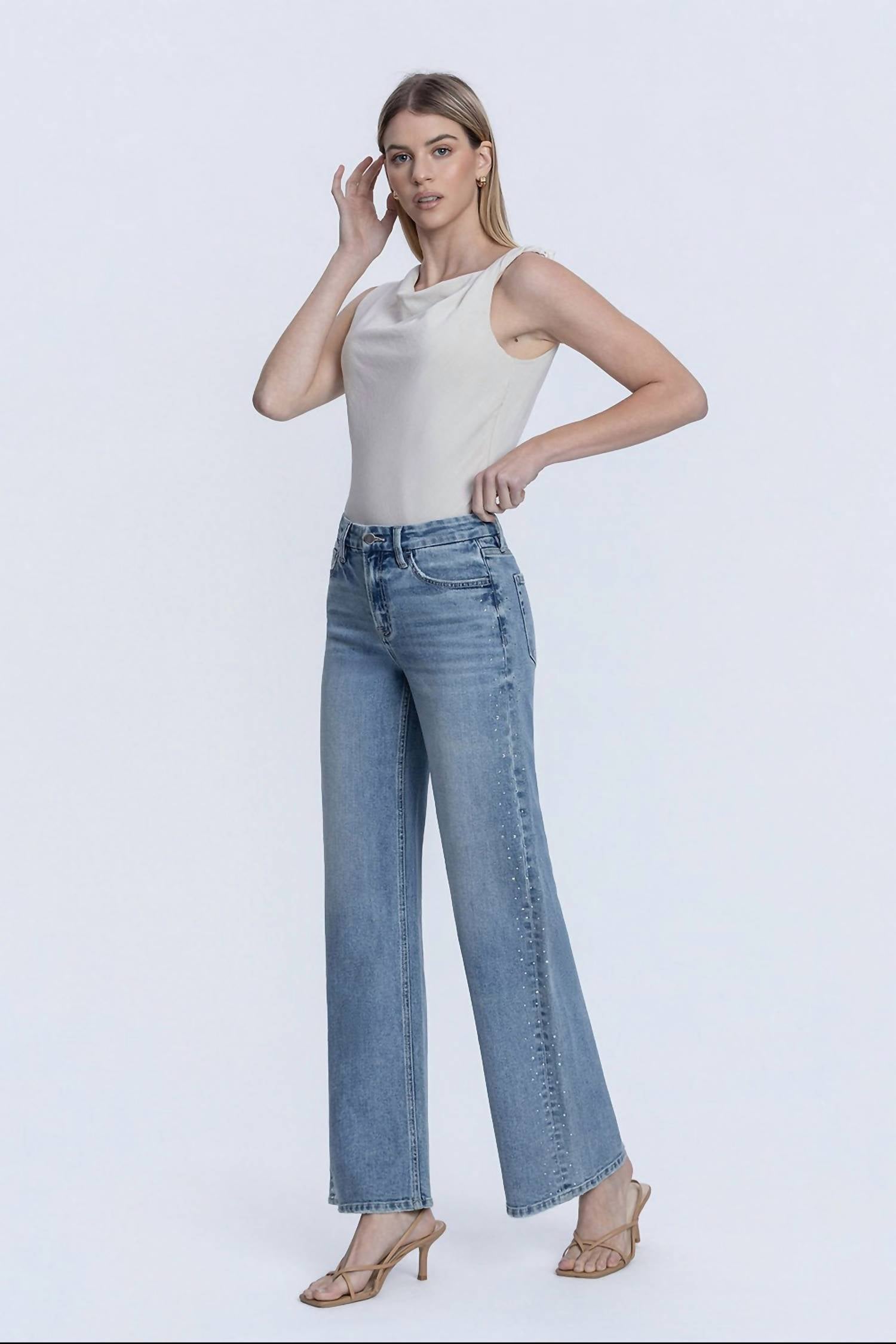 Flying Monkey - Hotfix Stone Embellished Wide Leg Jeans