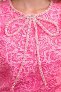 Voy - Rhinestone Bow Shape Floral Jacquard Top