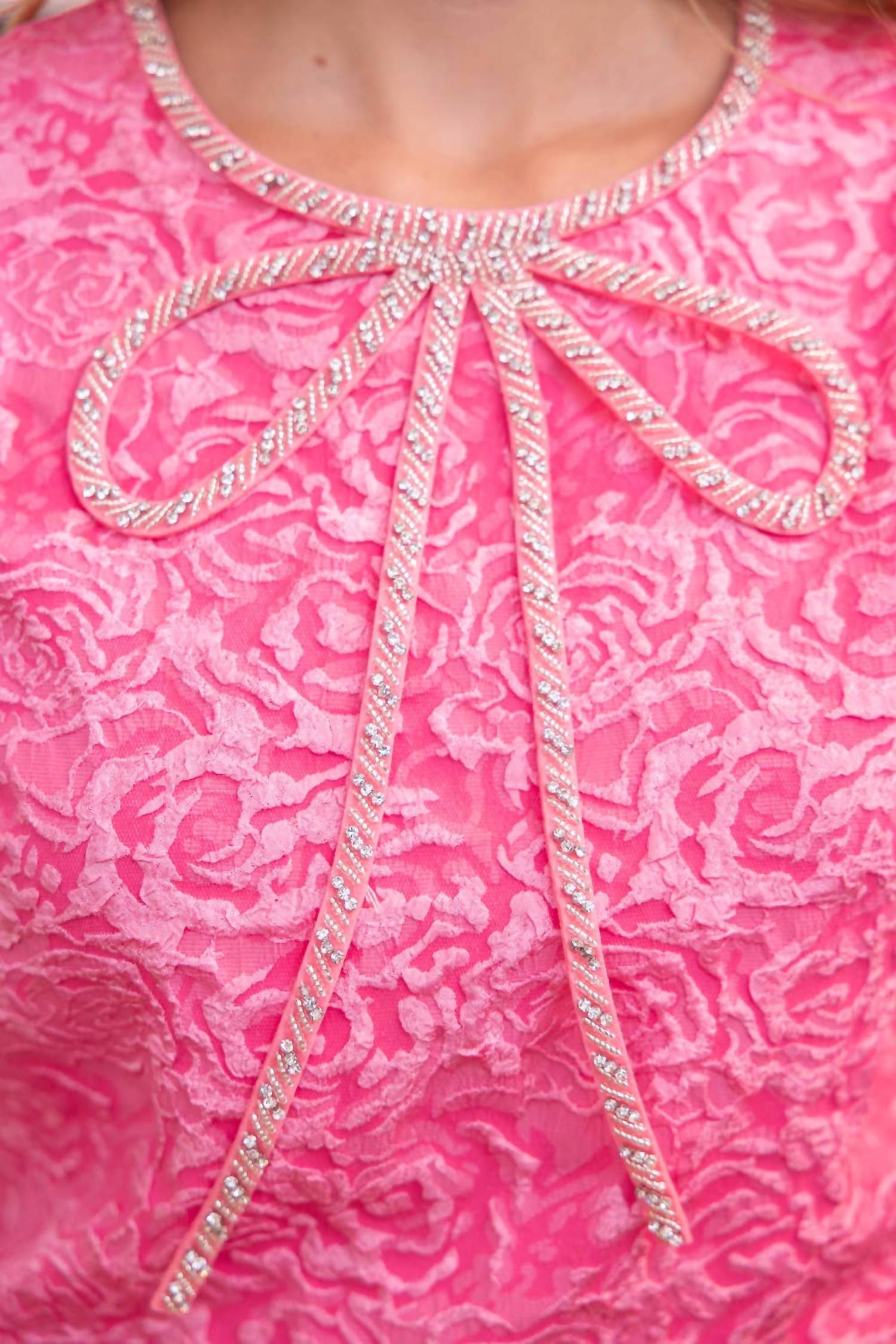 Voy - Rhinestone Bow Shape Floral Jacquard Top