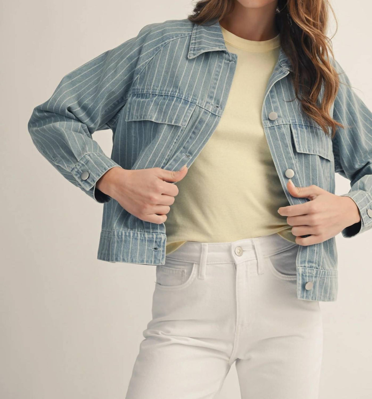 Lovlov - Washed Vertical Stripe Structured Denim Shacket