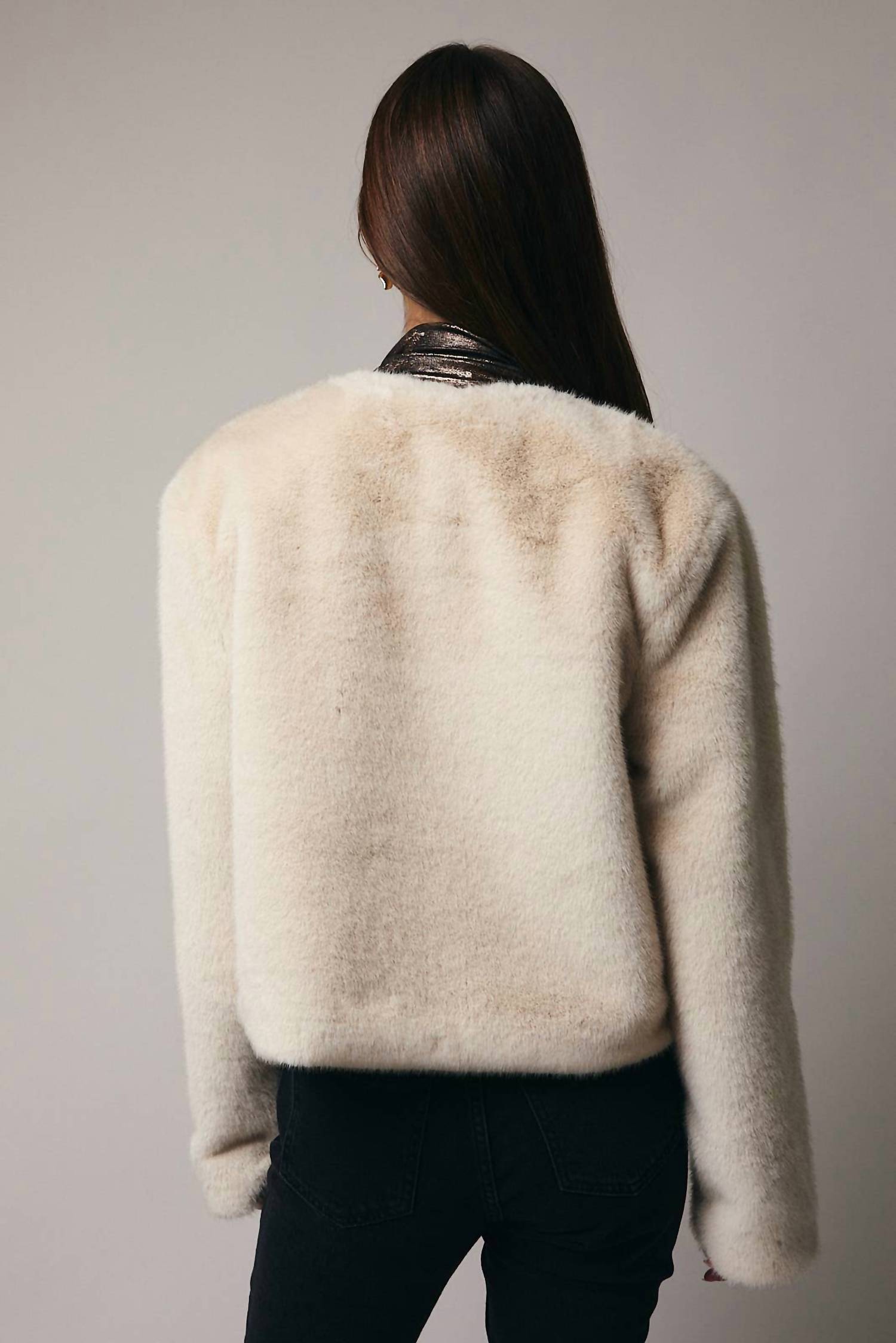 Sunday Edition Cropped Long Sleeve Fur Coat in beige - women's jacket - alternate view