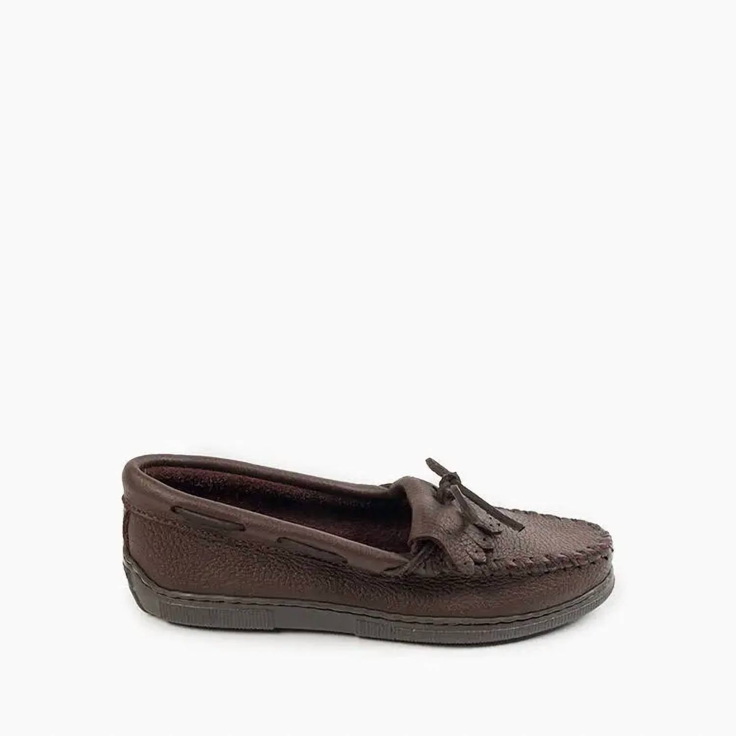 MINNETONKA Women's Moosehide Kilty Loafers in chocolate - women's flats - detail view