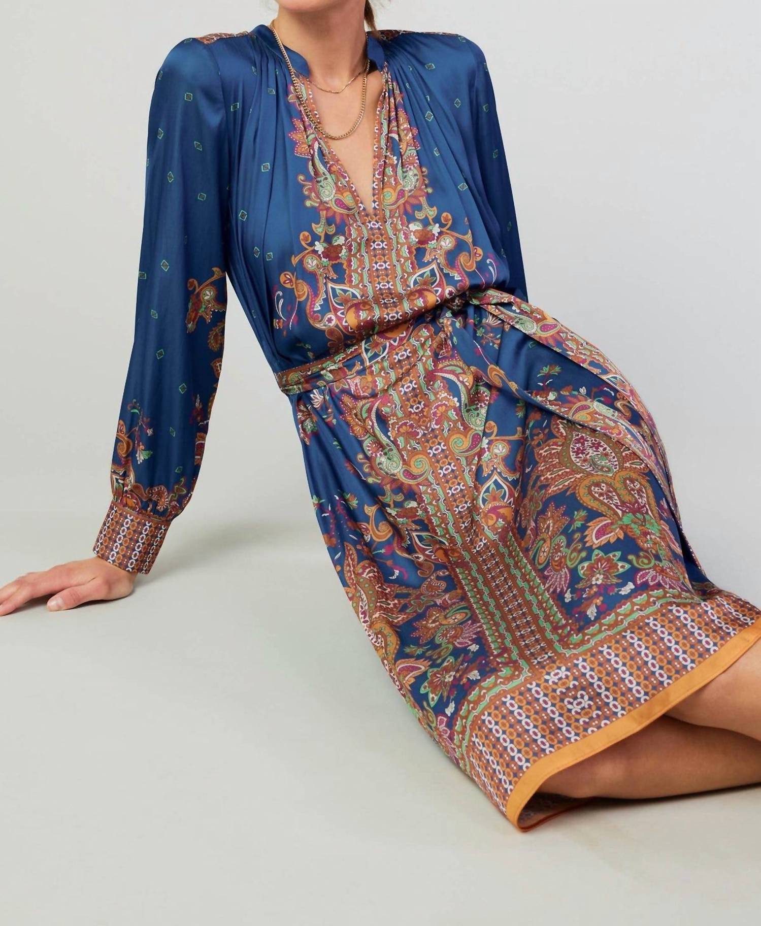 current air Border Print Long Sleeve Dress and Sash in navy - women's dress - view 5