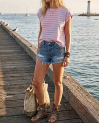Sewn And Seen - Striped Cap Sleeve Relaxed Fit Top