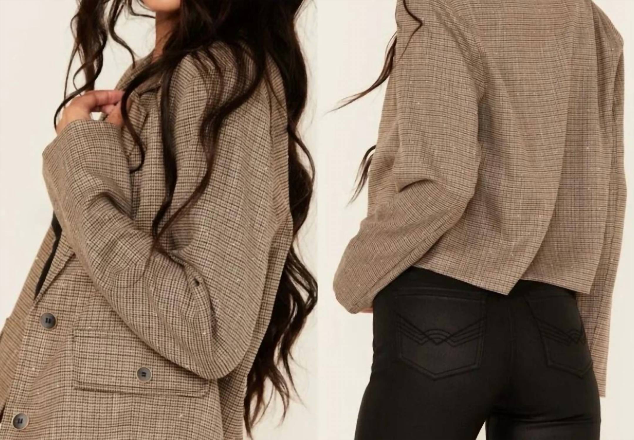 Mystree - Plaid Print Rhinestone Cropped Blazer