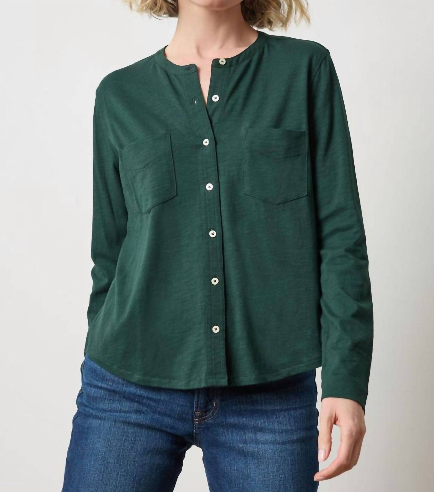 Lilla P Mandarin Collar Button Down Shirt in spruce - women's shirt