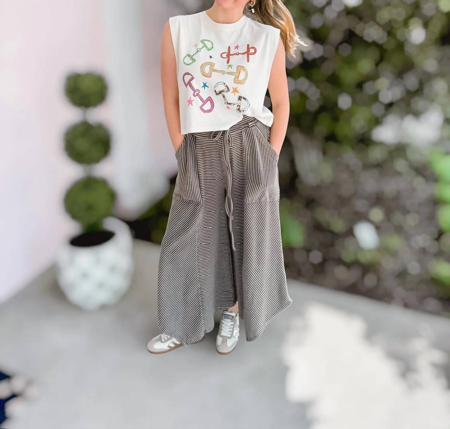 Easel - Pinstripe Mineral Washed Wide-leg Pants