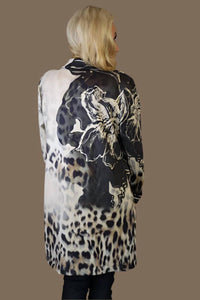 Look Mode Usa - Faux Suede Leopard And Flower Print Long Jacket