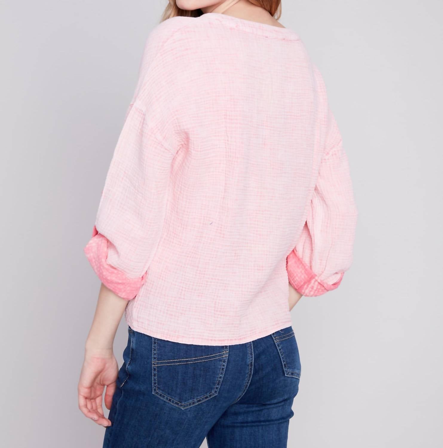 CHARLIE B Camden Bubble Cotton Top in flamingo - women's blouse - alternate view