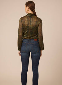 GILNER FARRAR Nerine Top Bodysuit in green gold metallic crinkle - women's shirt - detail view