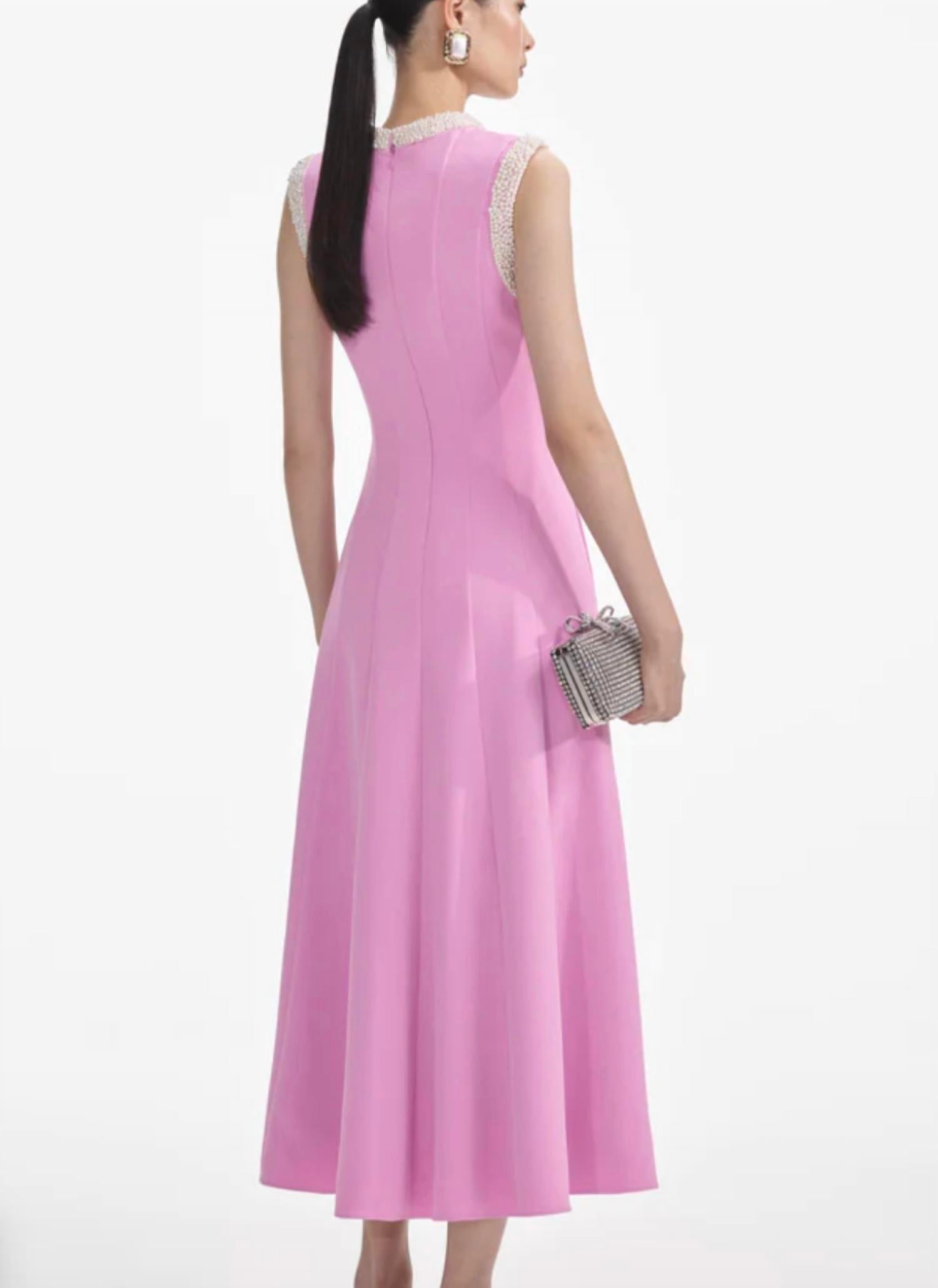 Self-Portrait - Pink Crepe Pearl Trim Dress