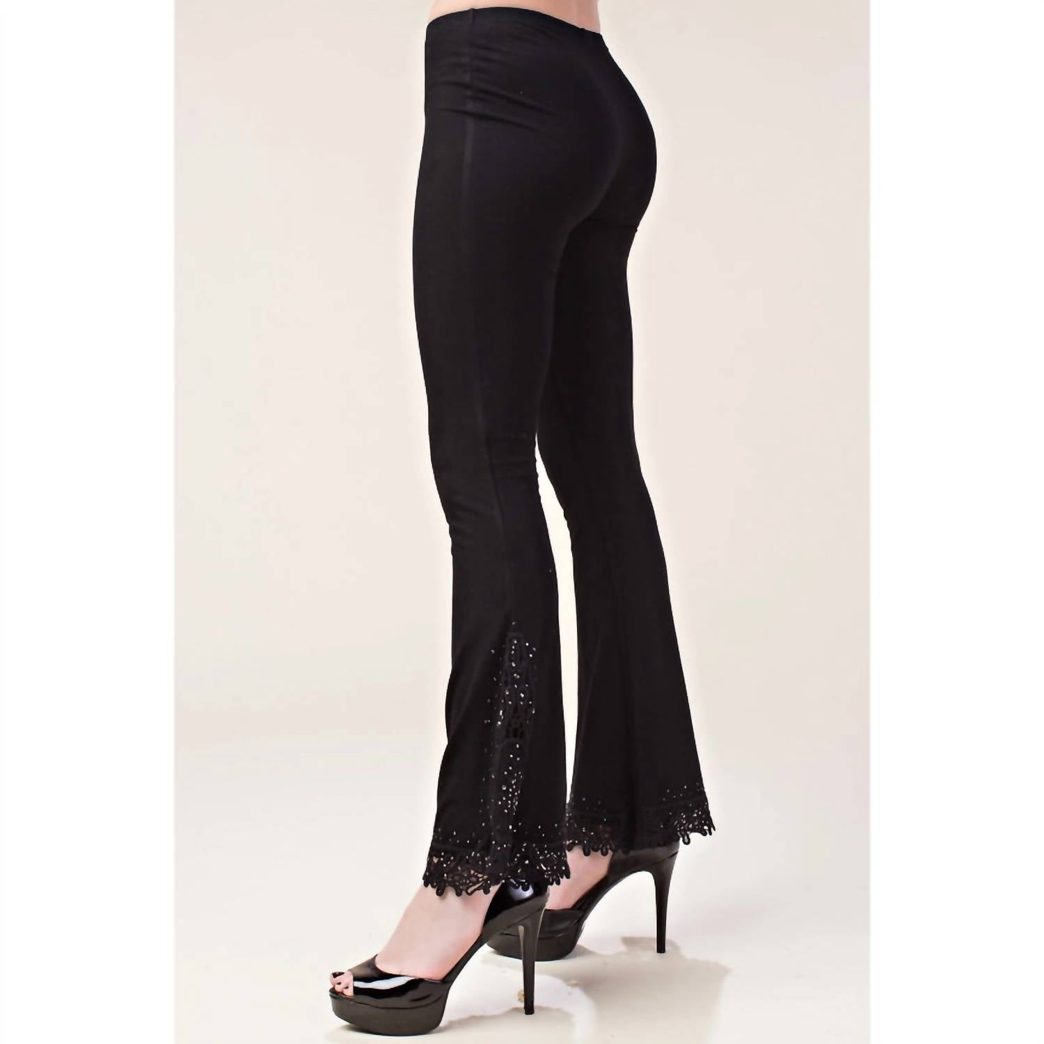 Vocal Apparel - Knit Bell Bottom Pants With Crochet Lace Stone Detail