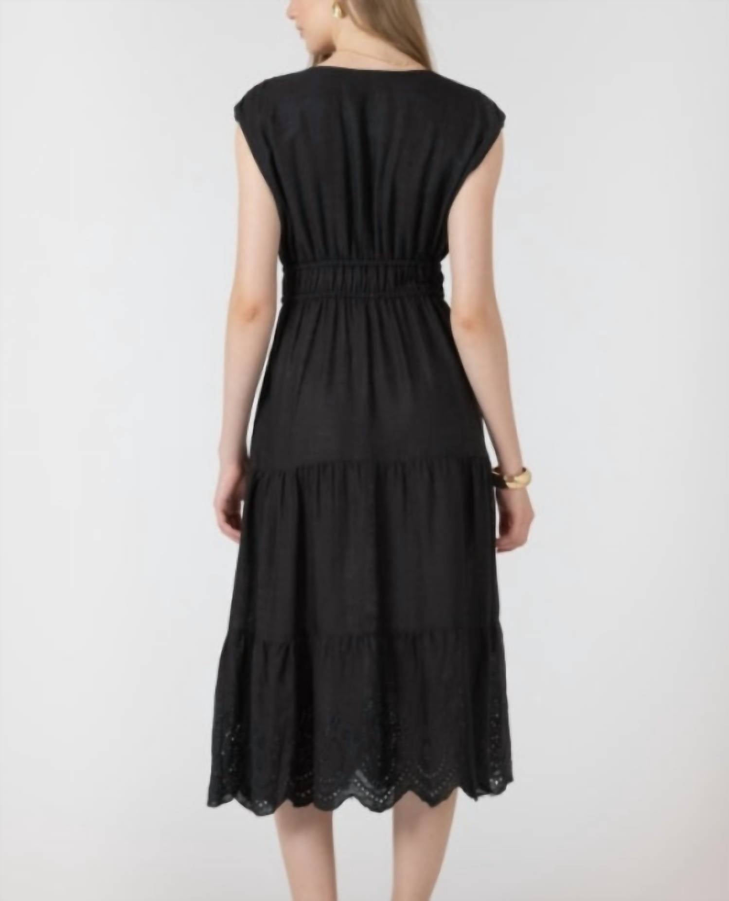 Dex Eyelet Tie Waist Midi Dress in black - women's dress - detail view
