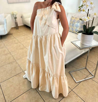 Before You Collection - Poplin One Shoulder Ruffle Bottom Maxi Dress