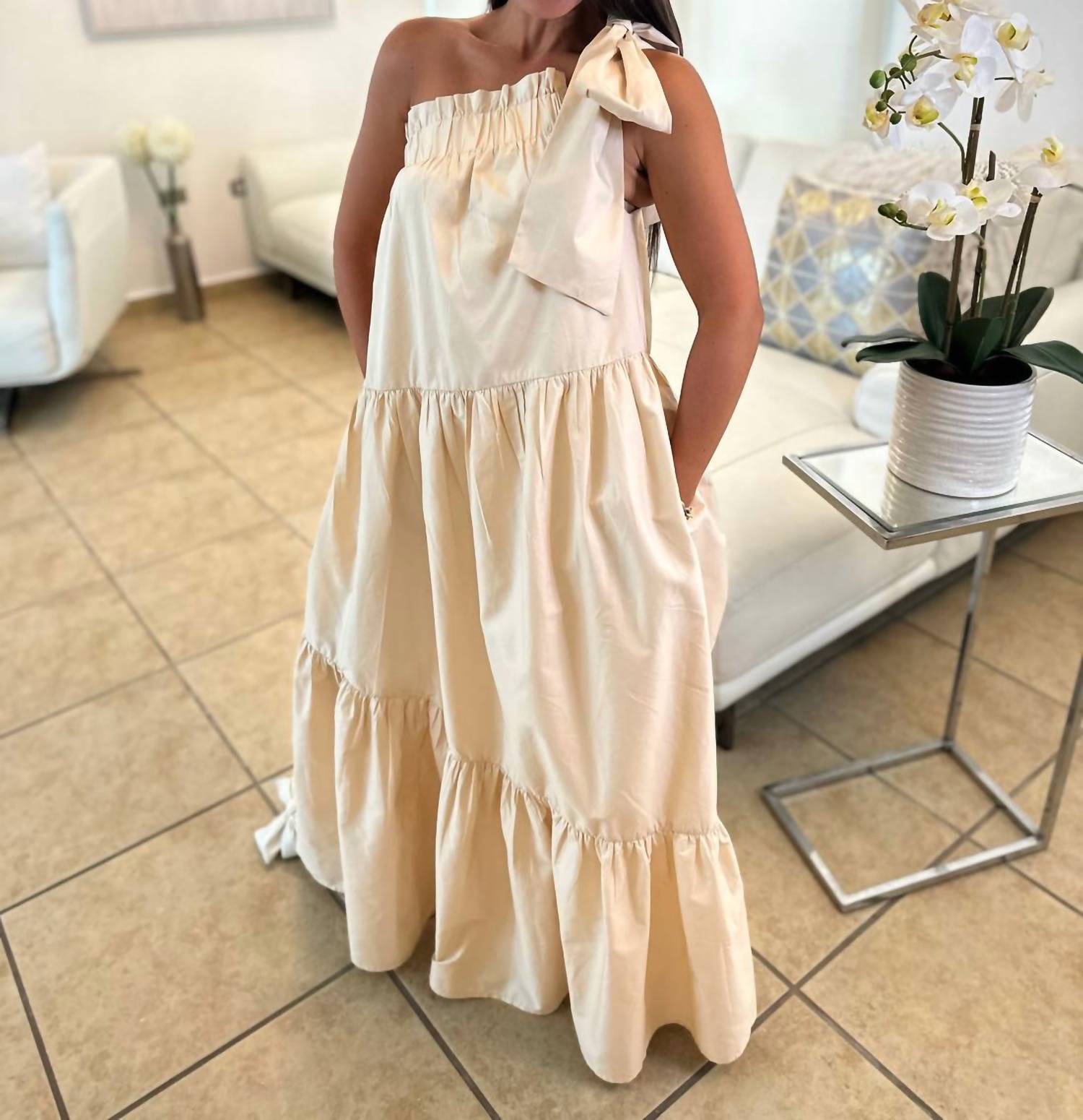 Before You Collection - Poplin One Shoulder Ruffle Bottom Maxi Dress