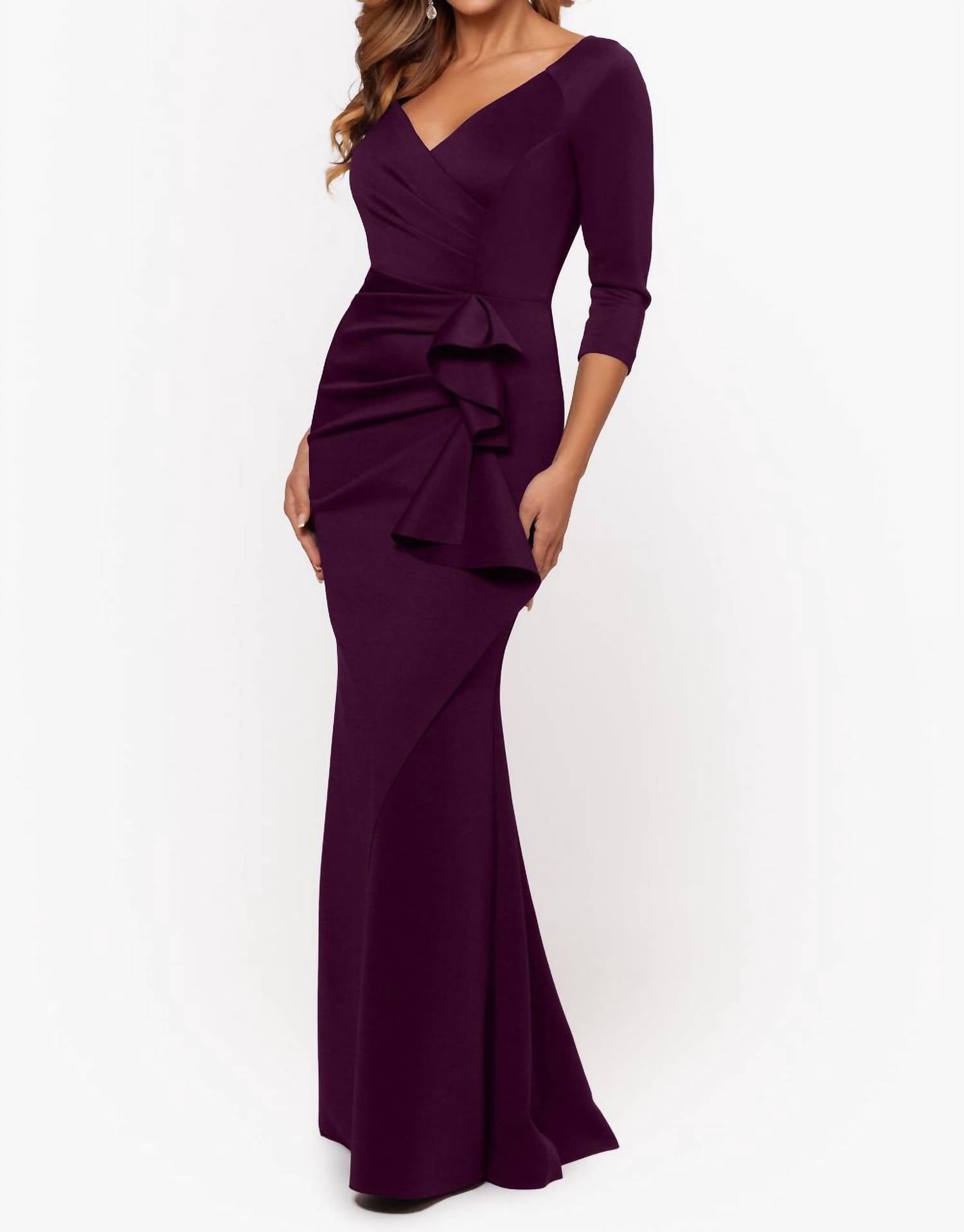 Xscape Lexi Side-slit Scuba V-neck Party Dress in plum - women's dress - alternate view