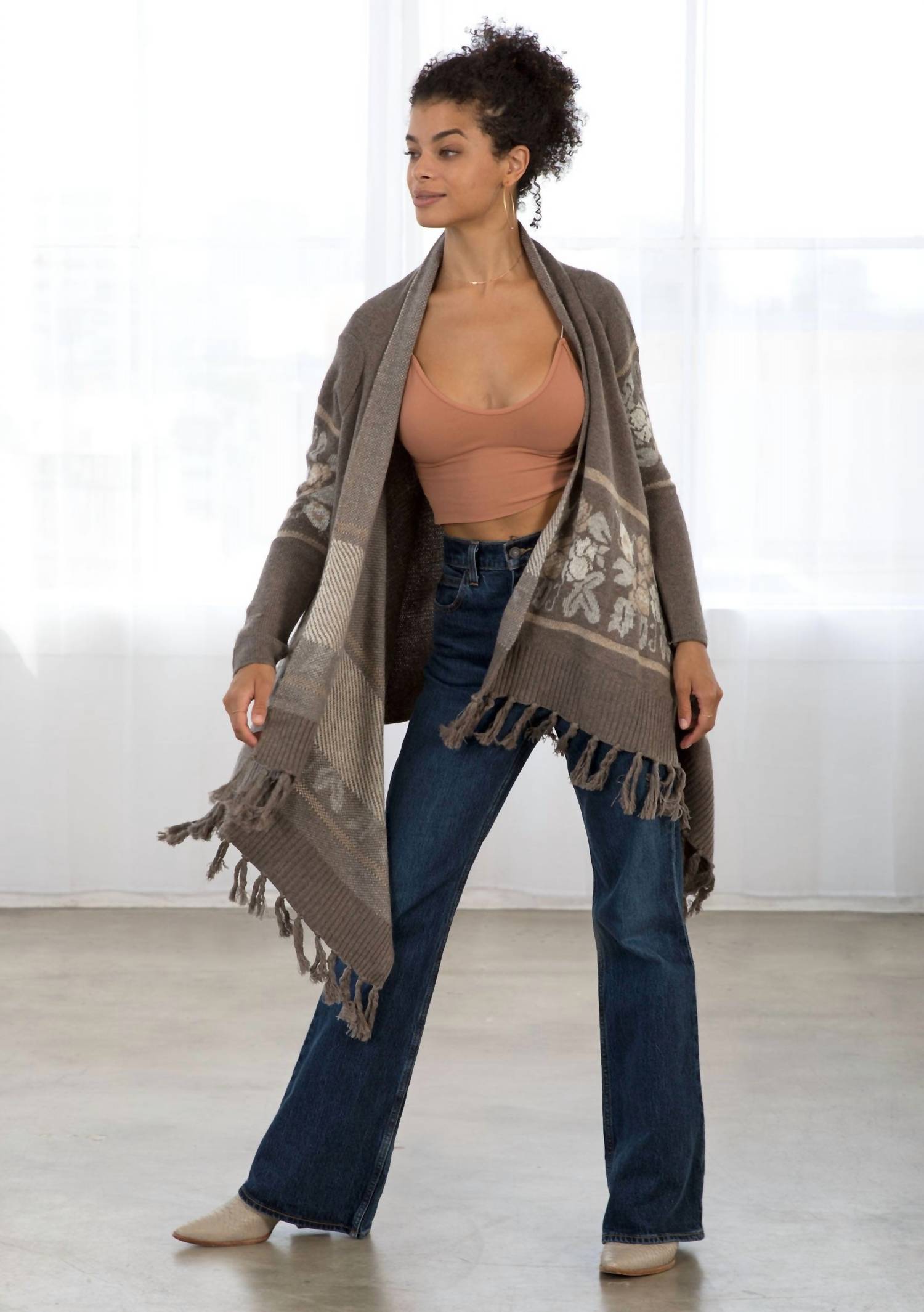 Lovestitch - Western Floral Knit Fringe Trim Cardigan