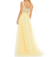 MAC DUGGAL Embellished Illusion Bustier A Line Gown in yellow - women's dress - detail view