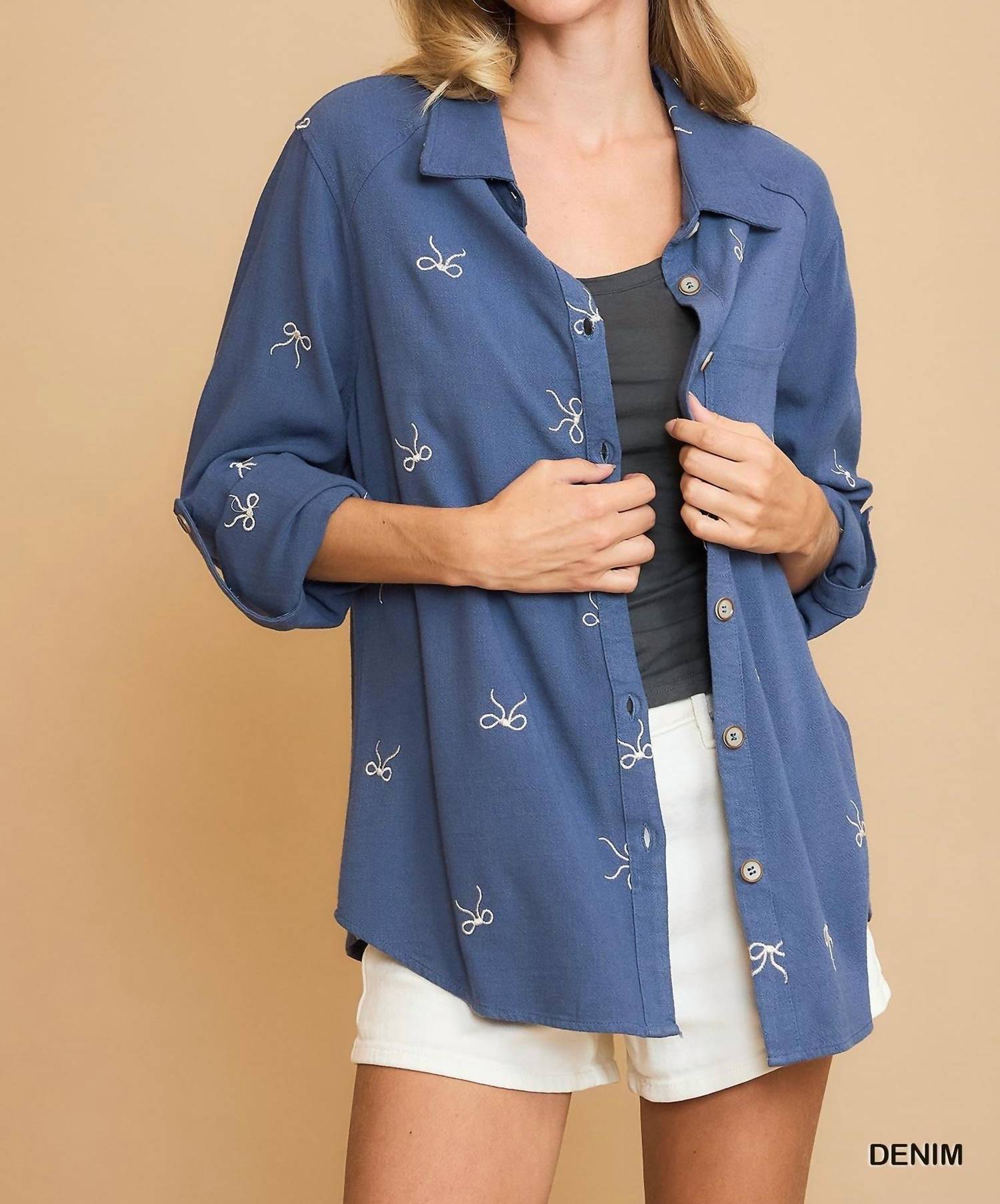 Umgee - Linen Blend Embroidered Bow Button-Down Shirt