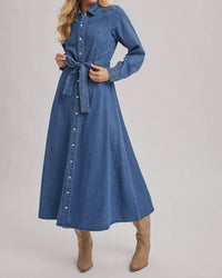 Bluivy - Denim Button Down Belted Shirt A-line Maxi Dress
