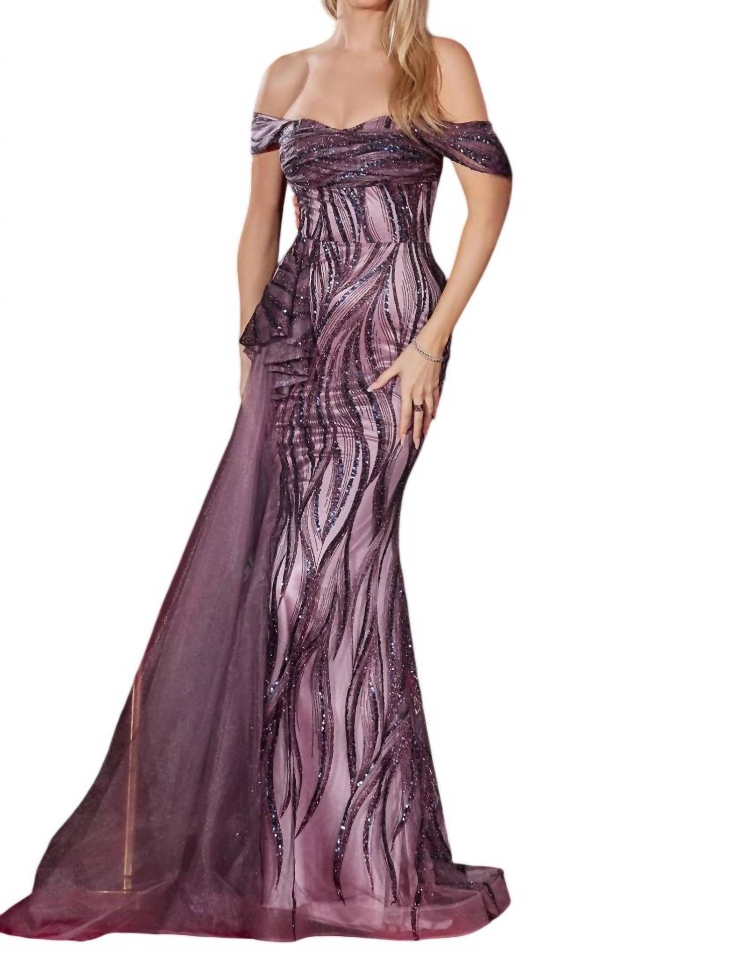 Ladivine - Off The Shoulder Glitter Printed Evening Gown