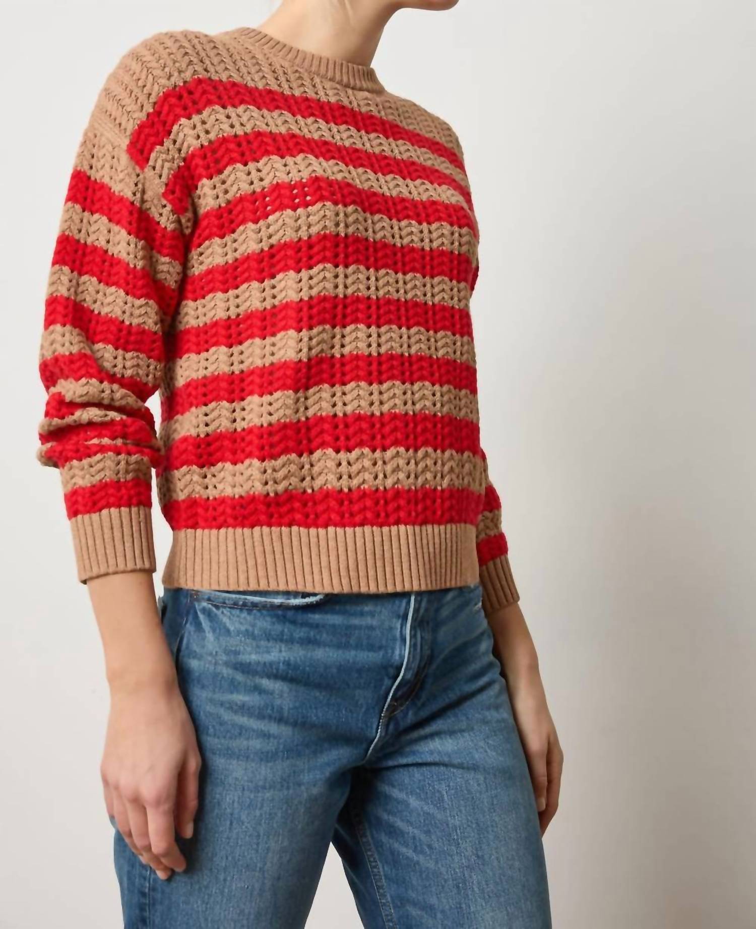 Lilla P Women's Stripe Stitch Sweater in acorn scarlet - women's sweater - detail view