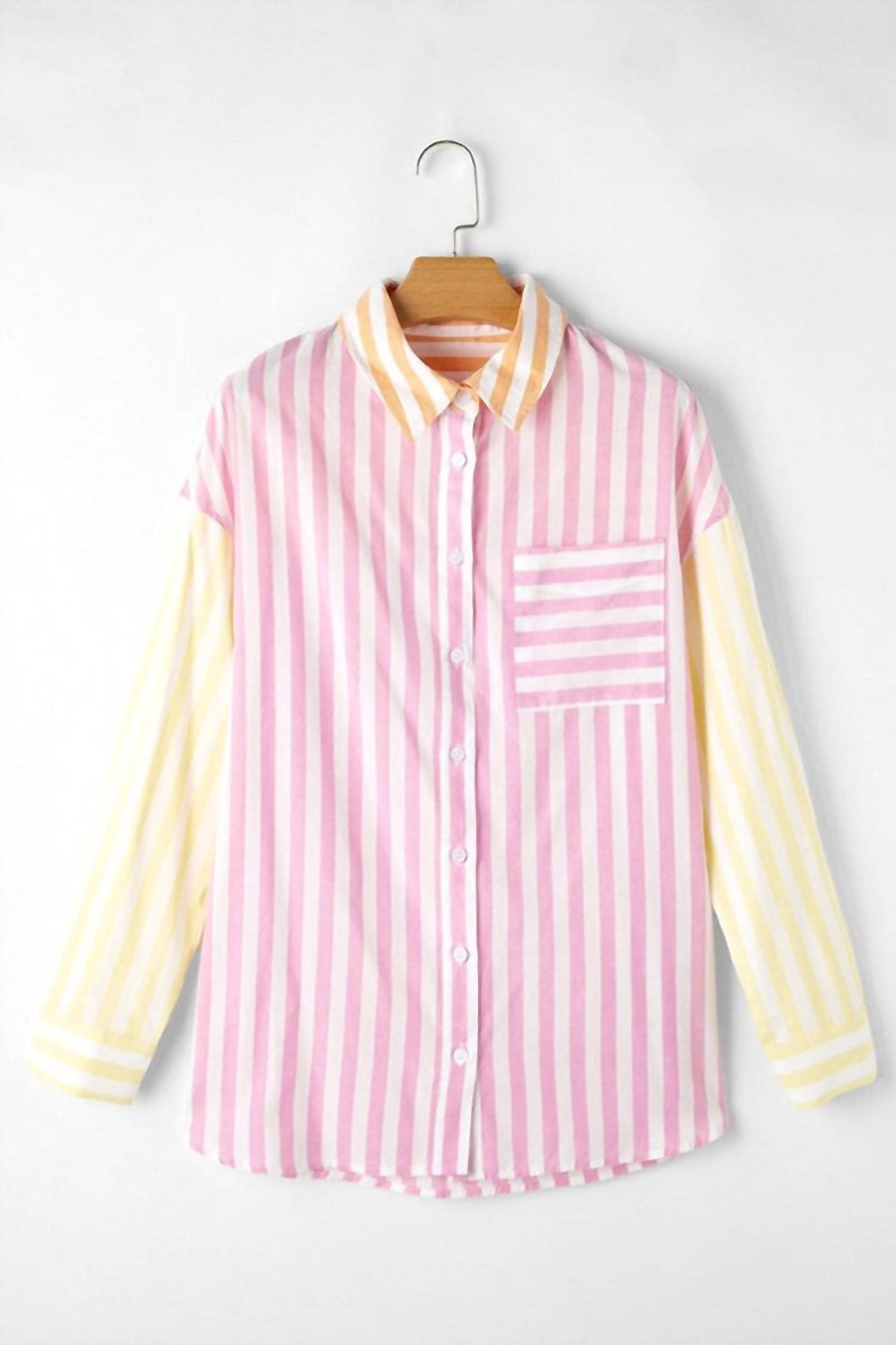 fashionworks Stripe Collar Patchwork Long Sleeve Shirt in pink - women's long sleeve top - view 4