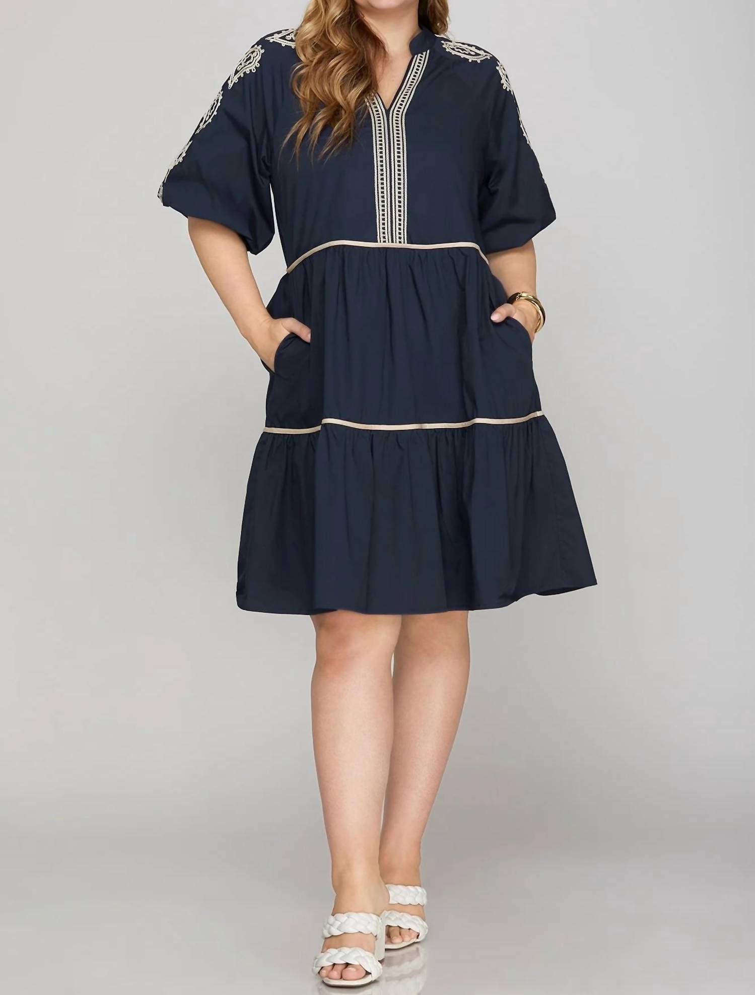 She + Sky - Bissete Embroidered Tiered Midi Dress - Plus