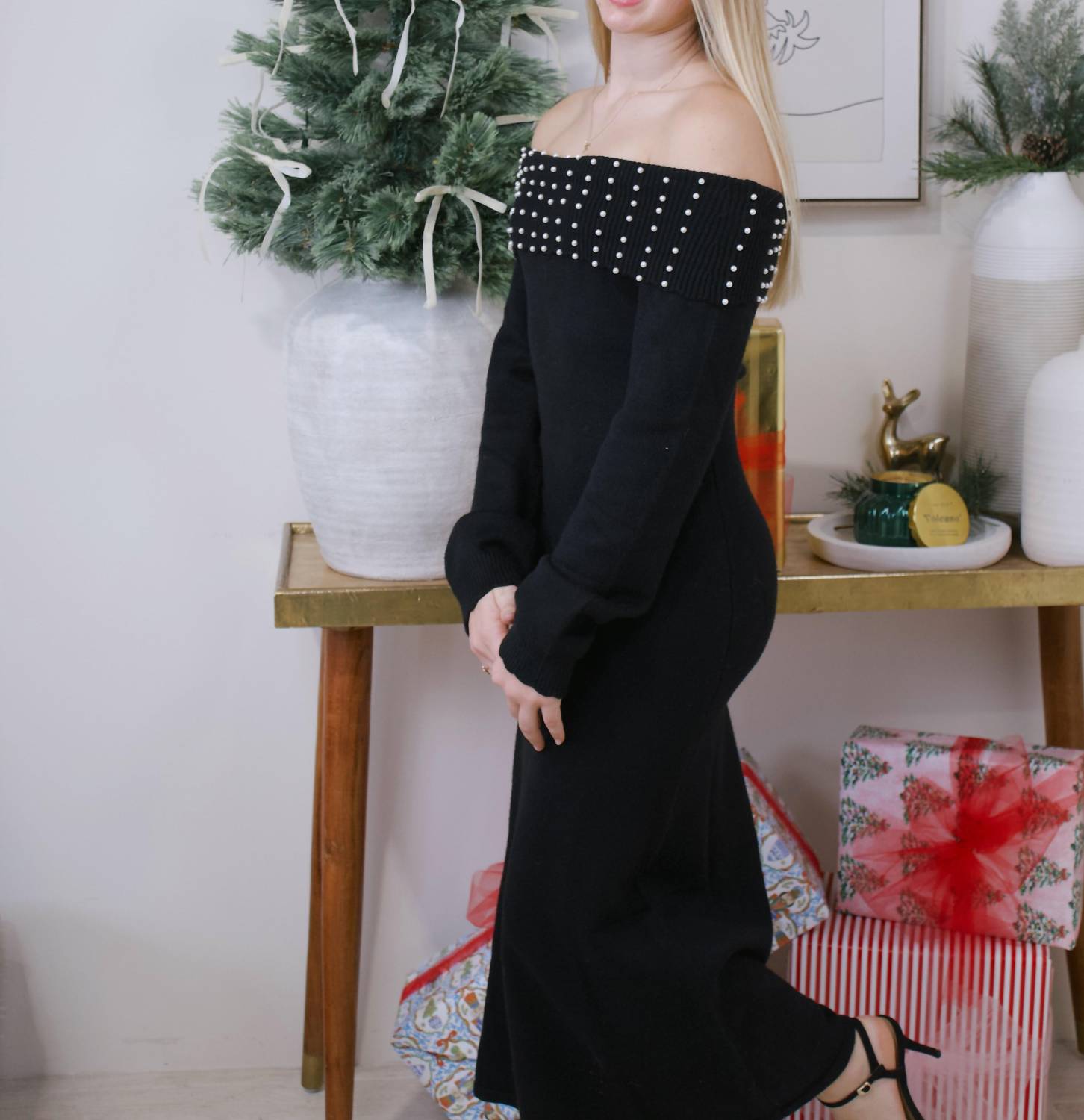 ABLE Knit Pearl Maxi Dress in black - women's dress - detail view