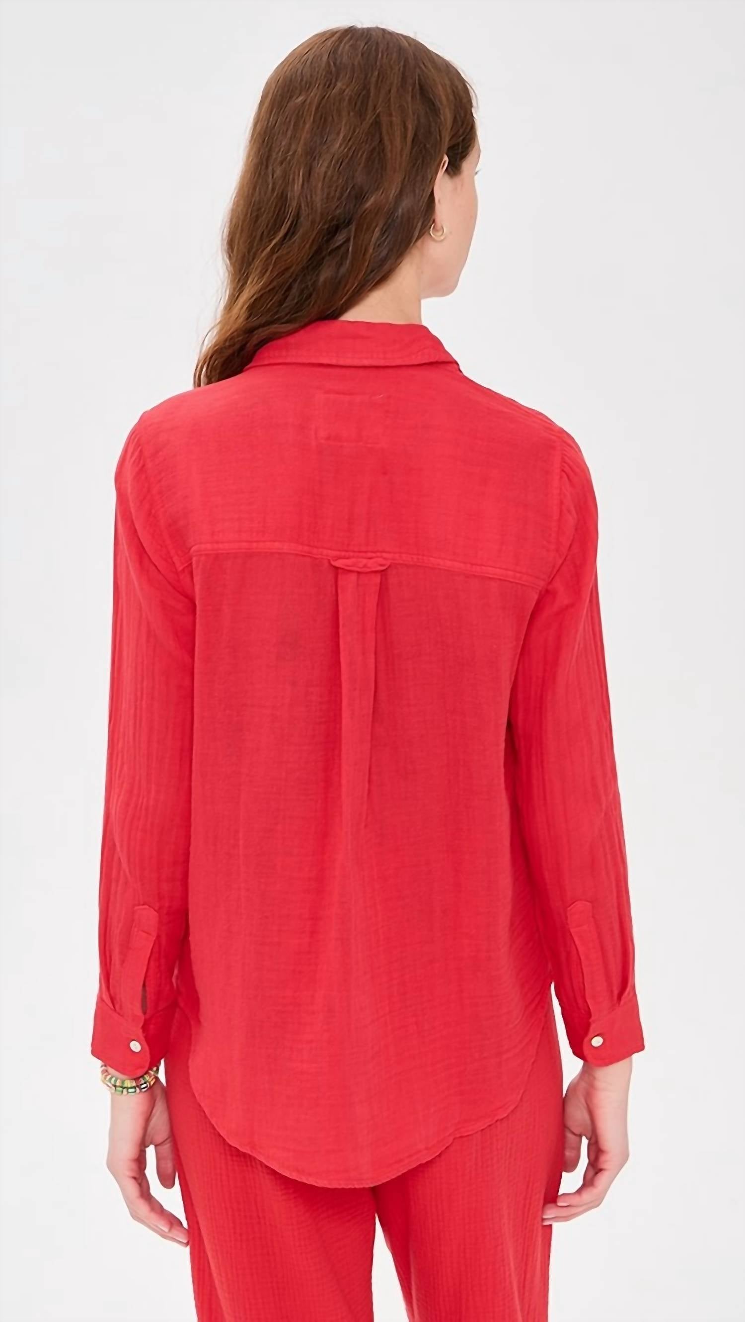 Rails Ellis Button Up Top in cherry red - women's long sleeve top - detail view