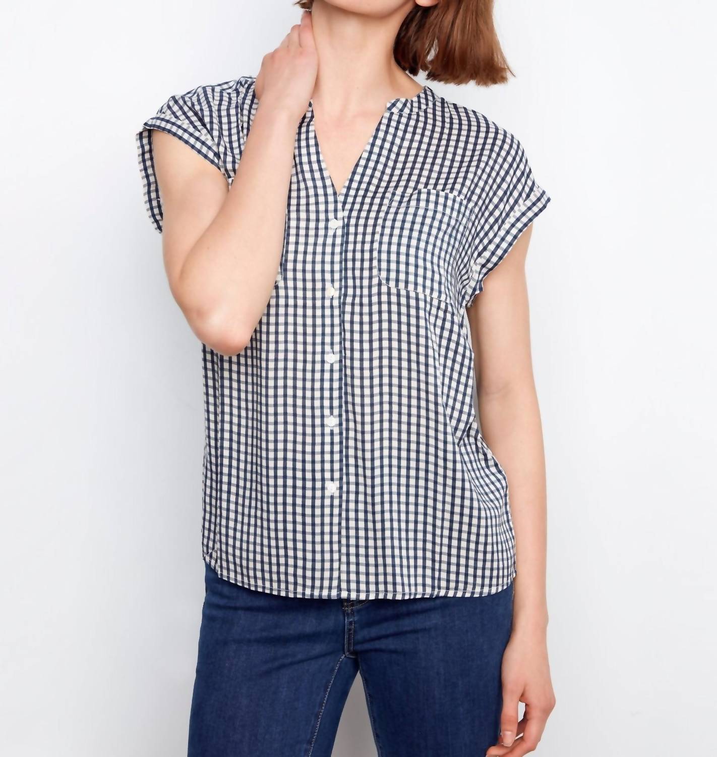 Charlie B - Printed Gingham Button-up Blouse