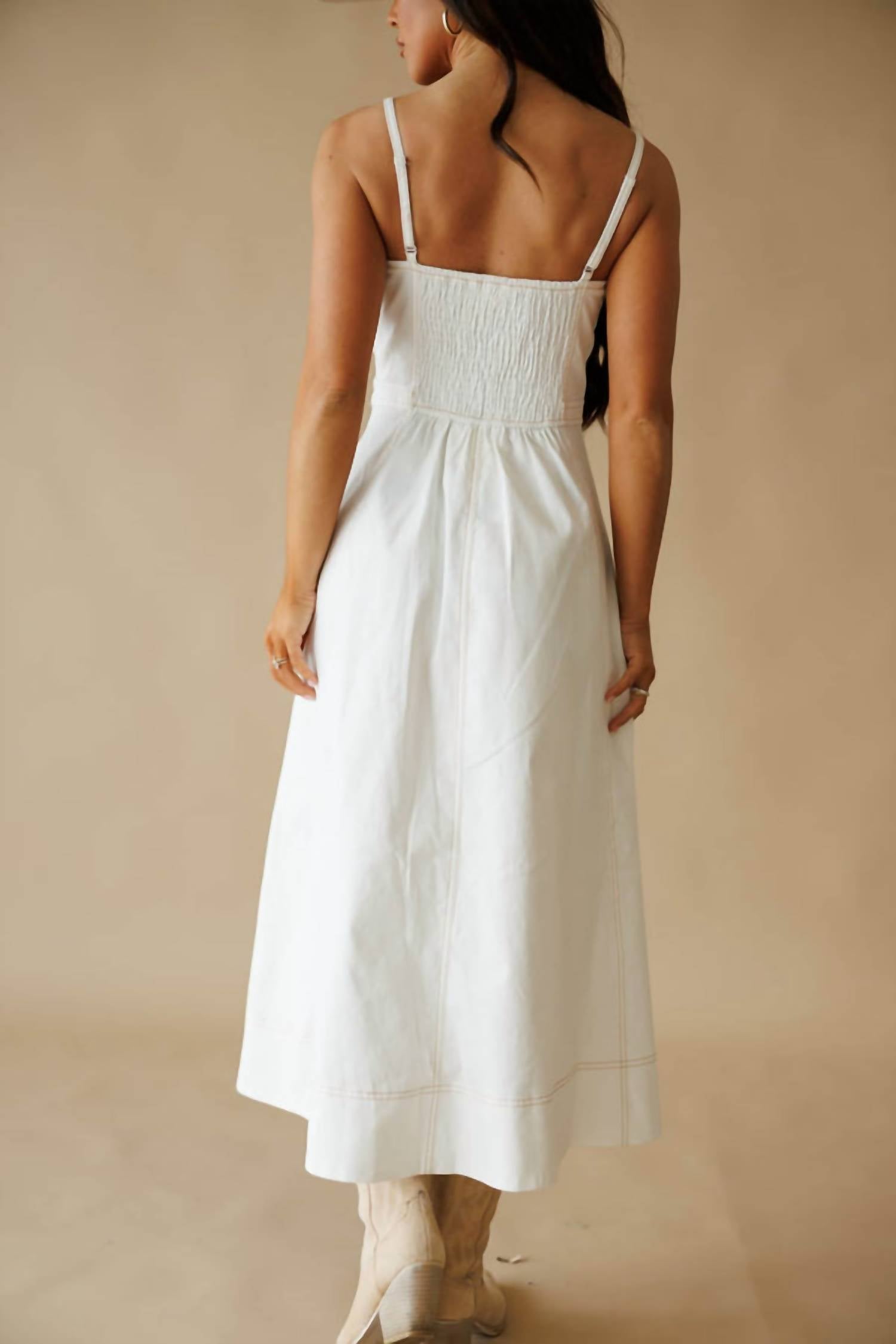 Klesis Stretch Twill Flare Midi Dress in white - women's dress - detail view