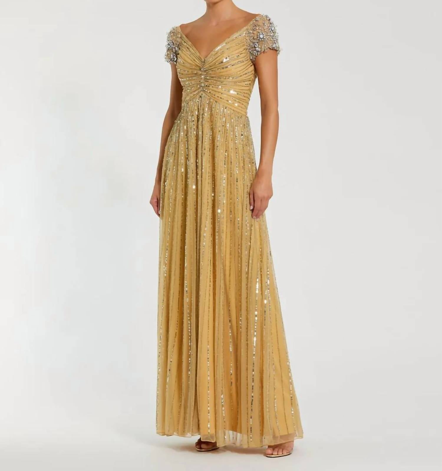 Mac Duggal - Sequined Evening Gown With Embellished Shoulders