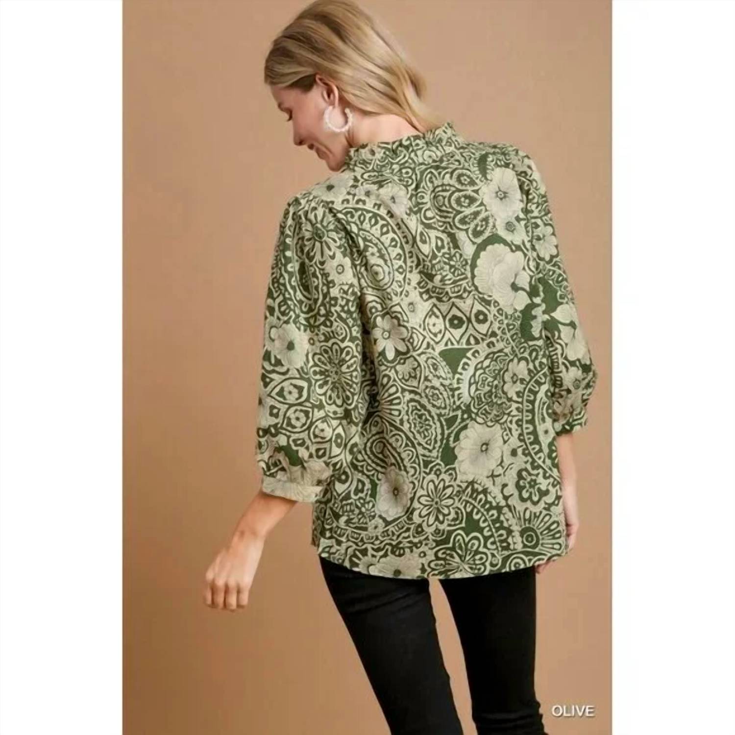 umgee Paisley Button Down V Neck Blouse in olive - women's blouse - view 4