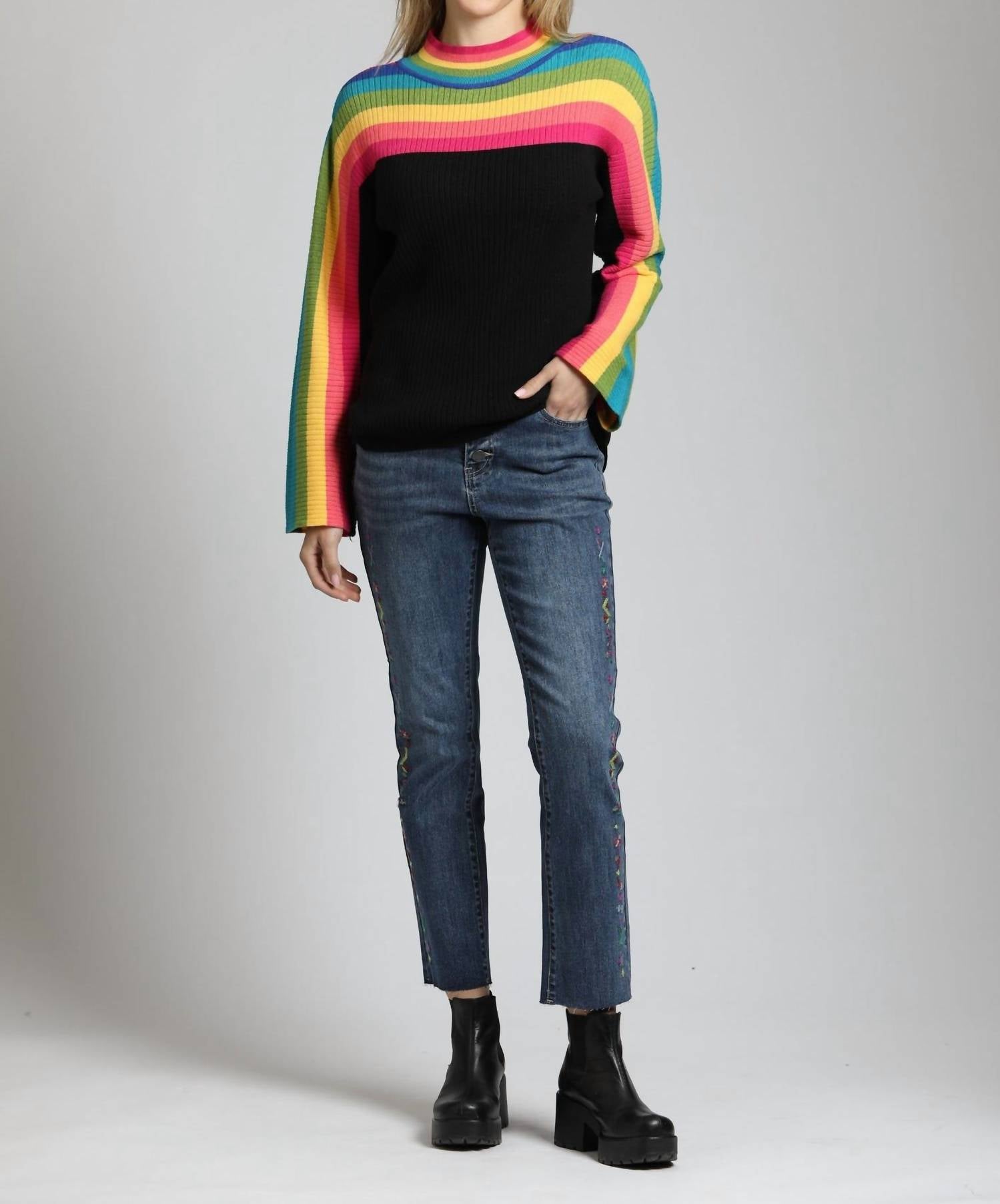 Apny - Rainbow Stripe Funnel Neck Sweater